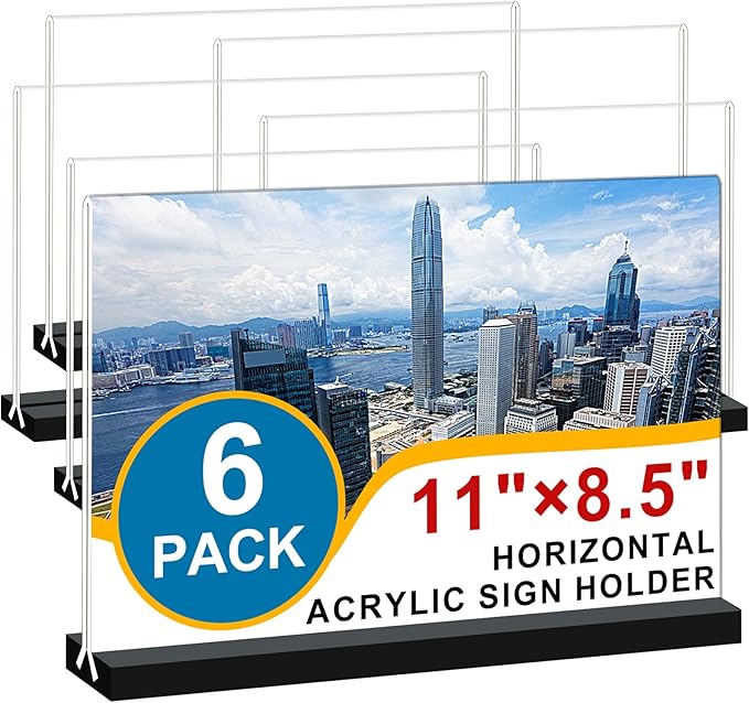 Acrylic Sign Holder 11x8.5 '' Horizontal T-Shaped Clear Double-Sided Table Menu Stands Plastic Picture Frames Display Desktop Display Holders for Wedding Table,Restaurant Signs,Office, Store,6 Pack