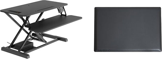 Rocelco 37.4" Electric Standing Desk Converter with Anti-Fatigue Floor Mat - AC USB Charger - Motorized Adjustable Sit Stand Up Computer Workstation Riser - Large Keyboard Tray - Black (R EDRB-MAFM)