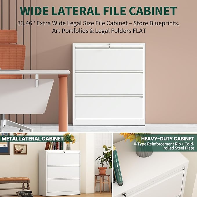 Lateral File Cabinet with Lock, 3 Drawer Metal File Cabinets for Home Office, Large Filing Storage Cabinet Printer Stand, Steel Wide File Cabinet for Legal/A4/F4/Letter Size Files, White