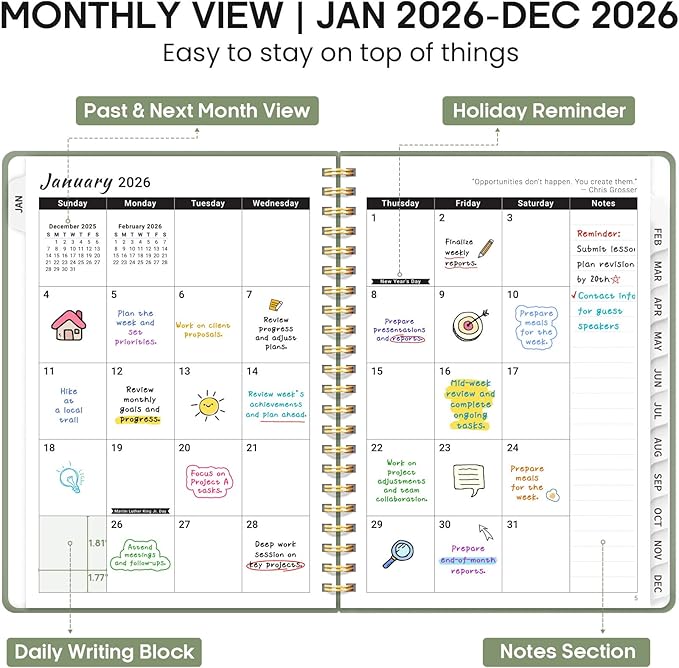 2026 Planner 8.5" x 11", Weekly and Monthly Calendar Planner Book, January 2026 - December 2026, Hardcover Spiral Planner with Monthly Tabs, Notes Pages, Perfect for Women & Men, A4 - Green