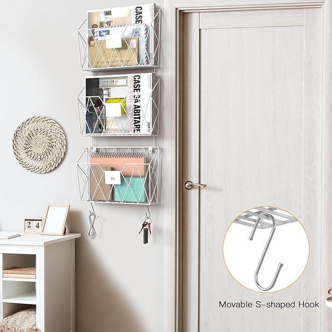 YBING Wall File Organizer White 6 Pack Mesh Hanging File Holder Organizer Metal Wire Mail Organizer Wall Mounted Office Papers Holder Hanging File Folders With Hooks