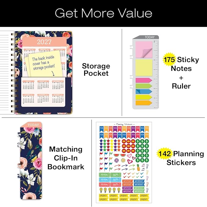 HARDCOVER 2026 Planner, 7"x9": 14 Months (November 2025 - December 2026), Daily Weekly Monthly Planner, Yearly Agenda, Bookmark, Pocket Folder and Sticky Note Set (Small Navy Floral)