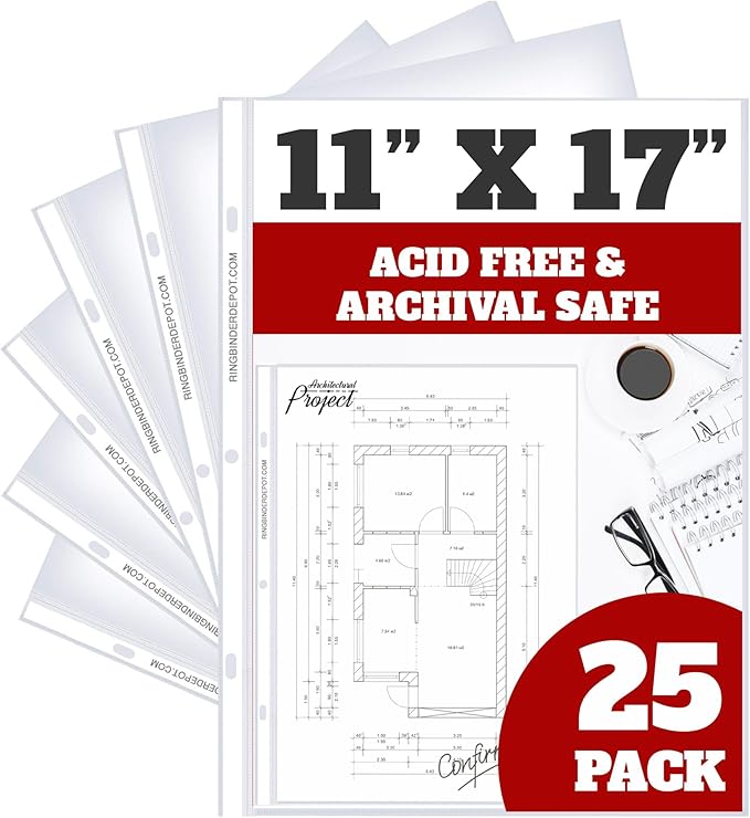 Office Werks 11x17 Sheet Protectors with 90 Microns Thick, Portrait View, Top Loading, Store or Display Paper, Photographs, Prints, and Documents, 25 Pack