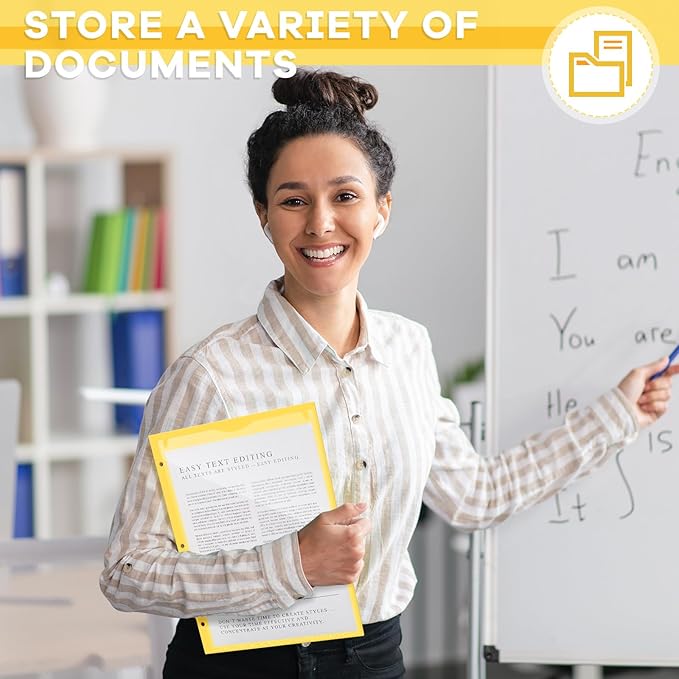 Henoyso 60 Pcs 2 Pocket Plastic Folders with Clear Front Pocket 3 Hole Punched File Folder Letter Size Take Home Documents Holder for Paper Holder Office Business Back to School Supply (Yellow)