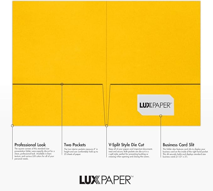 LUXPaper 9" x 12" Presentation Folders | Two Pocket | Sunflower Yellow | 100lb. Cover | 25 Qty