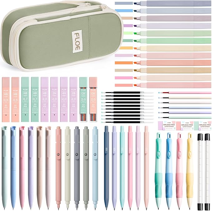 65PCS Aesthetic School Supplies with Cute Pencil Case, Pastel Highlighters Gel Pens Mechanical Pencils Set 0.5 0.7 & 2.0mm, Office Back to School Supplies College Essentials Kit Student Stationary Set