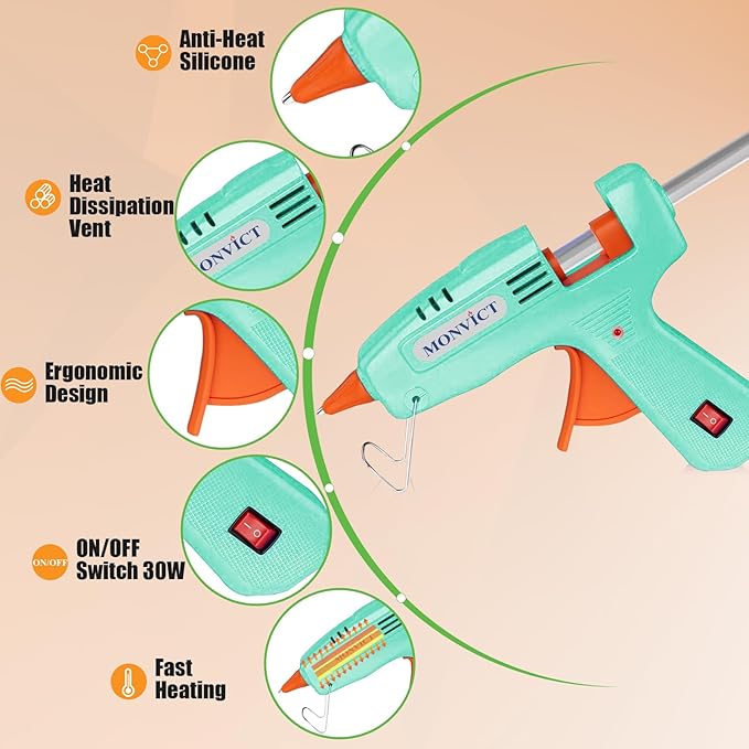 MONVICT Hot Glue Gun Kit, Mini Glue Gun with Carrying Case,20 Pcs Premium Glue Sticks, 10 Pcs Wood Craft sticks, Fast Preheating Hot Melt Glue Gun for School Crafts DIY Arts Gift (Cyan, 30Watts)