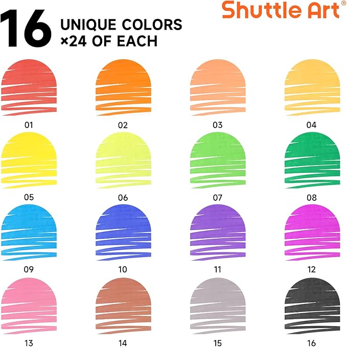 Shuttle Art 384 Pack Washable Super Tips Markers, 16 Assorted Colors Conical Tip Large Markers Bulk with a Box, Bonus Caps, Home Classroom School Supplies for Toddlers Kids Adults Students Teachers