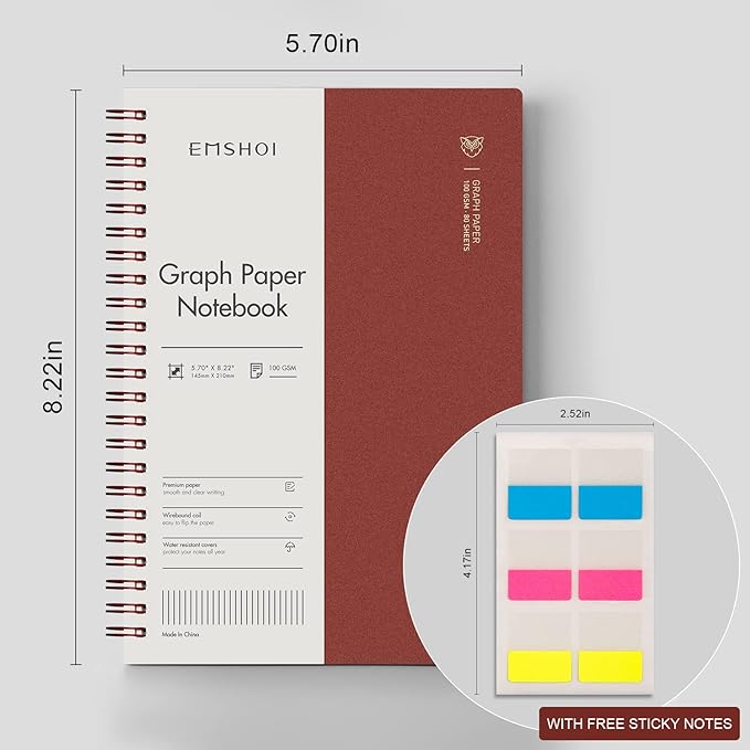 EMSHOI Graph Paper Spiral Notebook 5.7" x 8.22" - 4 Pack 640 Pages 100gsm Thick Grid Paper, A5 Graph Paper Notebook, Plastic Hardcover Journals for Writing Engineering Graphing Work School Supplies