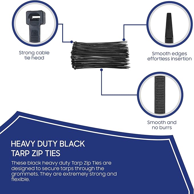 TarpsNow Cable Zip Ties, 120 LB Tensil Strength, (11 Inches, 100 Piece) - Self-Locking Adjustable Nylon Cable Ties Wraps for Home, Office, Garage and Workshop in Indoor and Outdoor - Black