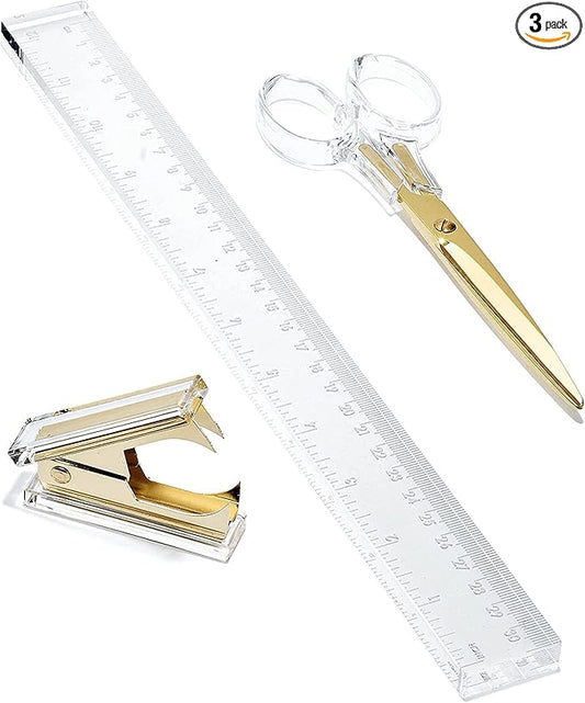 OfficeGoods 3 Piece Acrylic Desk Set - Includes Ruler, Staple Remover, Scissors - Functional & Elegant Desk Accessories - Stationary Tools for Home, Office, and School - Gold