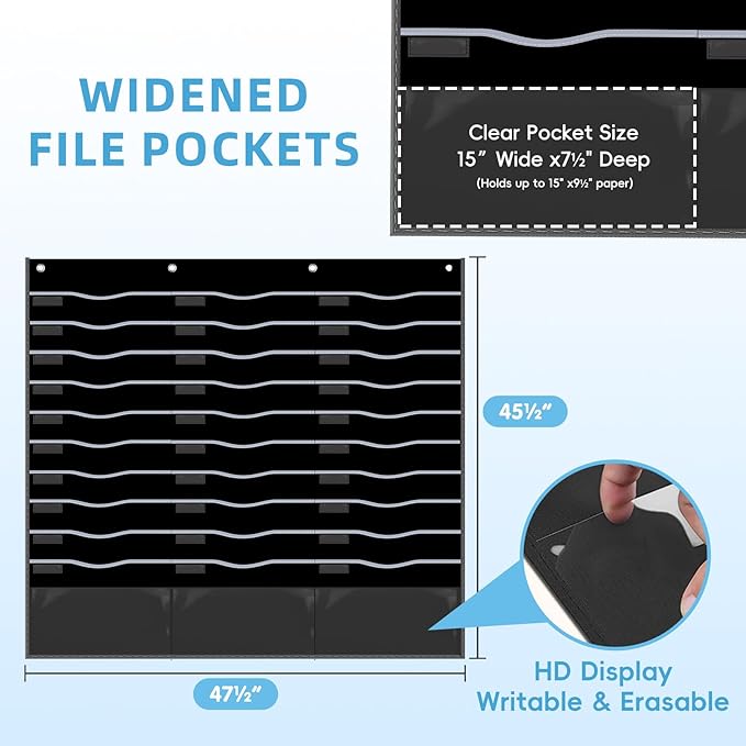 33 Pockets Hanging Wall File Organizer, Sturdy Legal/Letter Size Manila File Folders Organizer, Classroom Pocket Chart with 3 Writable Clear Pockets, 8 Wall/Door Hooks & 36 Labels (Black)