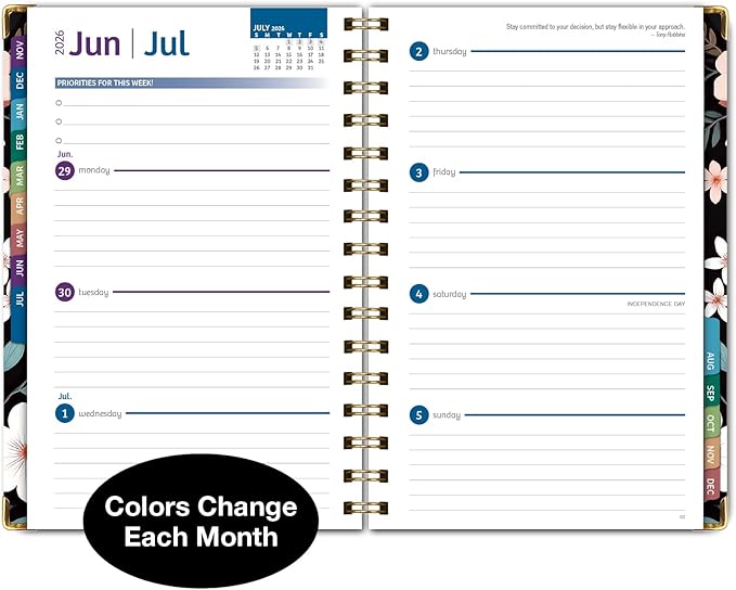 HARDCOVER 2026 Planner, 5.5"x8": 14 Months (November 2025 - December 2026), Daily Weekly Monthly Planner, Yearly Agenda, Bookmark, Pocket Folder and Sticky Note Set (Black Floral Pink)