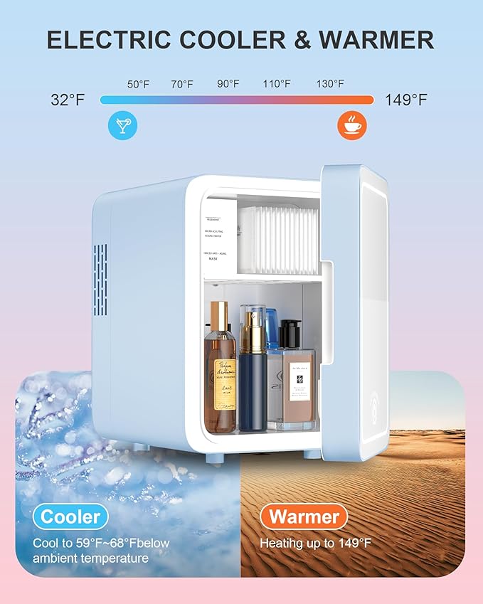 Skincare Fridge With Dimmable LED Light Mirror, 4L Makeup Mini Fridge for Bedroom, Car, Office & Dorm, Cooler & Warmer, Portable Small Refrigerator for Cosmetics, Skin Care and Food, Blue