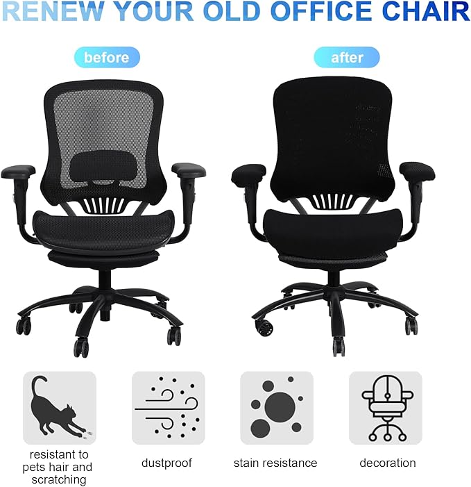 Tallew 4 Pcs Office Chair Covers Set Computer Universal Protective Stretchable Chair Seat Covers Desk Armrest Slipcovers Pads Office Cushion Backrest for Rotating(Black)