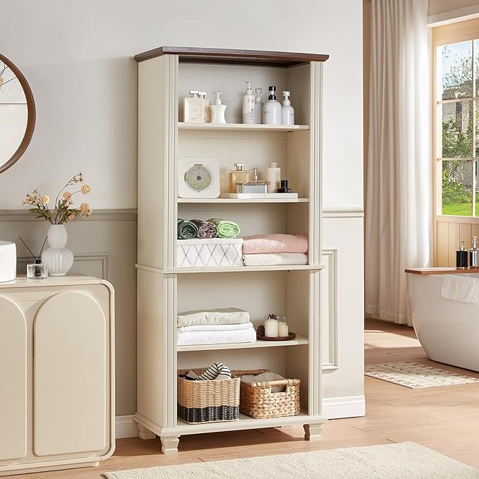 70" Tall White Bookshelf,5 Tier Wood Book Shelf with Adjustable Shelves & Wood Legs,Free Standing Farmhouse Bookcase with Open Display Storage,Vintage Kids Bookshelves for Nursery,3PCS