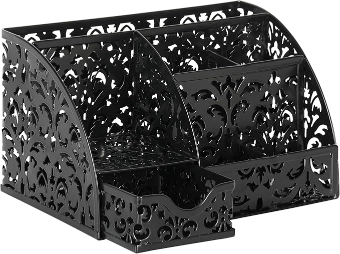 EasyPAG Pen Holder Desk Organizer with Drawer Pencil Cup for Desk 6 Compartments Metal Office Caddy Storage with Sticky Notes Holder for School Home Office, Black