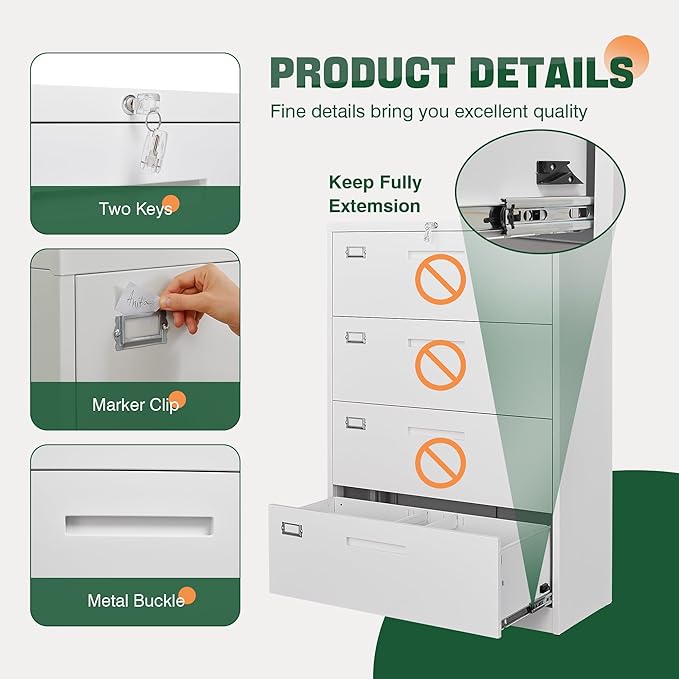 Letaya 4 Drawer File Cabinet with Lock, Metal Lateral Filing Cabinet Wide Office Organization Storage for Home Office Hanging Letter/Legal/F4/A4 (White-Requires Installation)