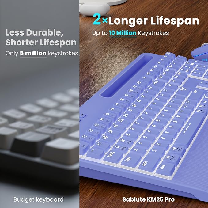 Purple Keyboard and Mouse Wireless Combo, 4000mAh Rechargeable Backlit Quiet Keyboards mice Set, USB Ergonomic Key Board with Wrist Rest & Phone Holder for PC, Mac, Windows, Natural Soft Typing