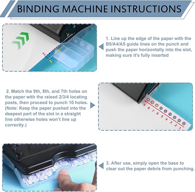 10 Hole Punch Binding Machine for Planner, Metal Binder Machine Kit with 10Pcs Plastic Comb Binding Spines & 30Pcs Loose Leaf Binder Rings, Binder Hole Puncher for A4, A5 and B5 Paper