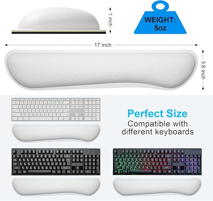 Dapesuom Enlarge Keyboard Wrist Rest, Cute Memory Foam Keyboard Wrist Cushion for Computer Desk Mats Support, Typing Pain Relief Ergonomic Mouse Pad Rests with Non-Slip Base for Gaming, Laptop, White