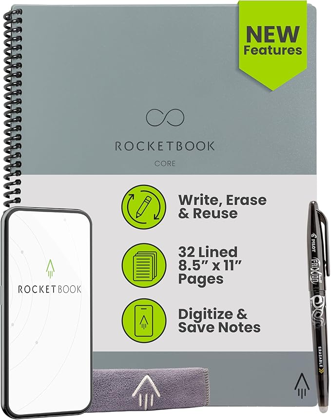 Rocketbook New Core Reusable Spiral Notebook, Letter Size 8.5x11, Gray - Lined Pages, App-Connected, Erasable, Durable Cover, Ideal for School, Work, and Creative Projects