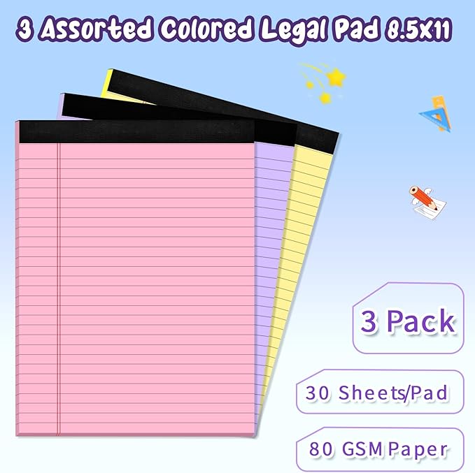3 pcs Legal Pads 8.5 x 11 Note Pads, Colored Legal Notepads 8.5 x 11, Notebook Wide Ruled Paper, Micro Perforated Writing Pad, Pad of Paper for Office Home School, 30 Sheets/Pack