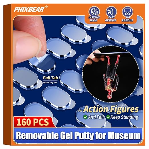 160 Pcs Pro Removable Gel Glue Putty with Pull Tab for Museum Action Figures, Clear Earthquake Adhesive Dots, Sticky Tack for Wall Hanging, 0.31x 0.51 Wax Mounting Putty