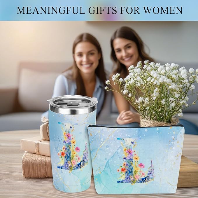 Personalized Gifts Monogrammed Birthday Gifts for Women, Mama New Mom Thanksgiving Wedding Christmas Initial 20 oz Tumbler, Makeup Bag Cup Pens Journal Notebook 6 Set, (Aesthetic Blue Flower L)