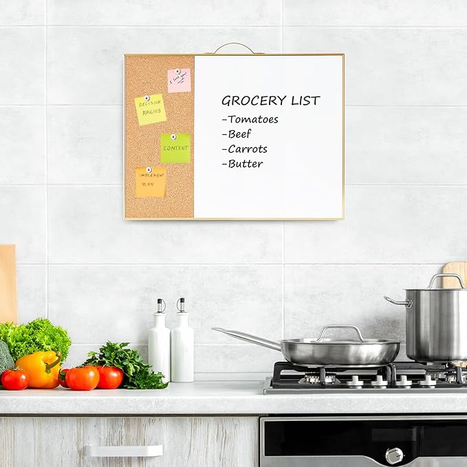 Small Cork Board Whiteboard Combo - 12" X 16" Portable Aluminum Gold Framed Magnetic Dry Erase Board for Wall, Mini Bulletin CorkBoard with a Handle for Office, Home and School