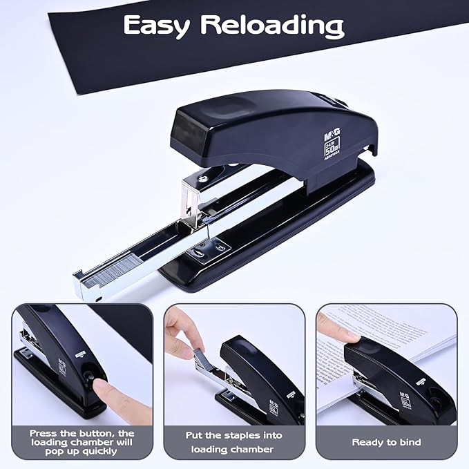 M&G Desk Effortless Stapler with 2000 Staples, 50 Sheets Capacity Heavy Duty Office Staplers, Jam Free, One Finger Touch Stapling Ergonomic Stapler for School Home Office Supplies (Black)