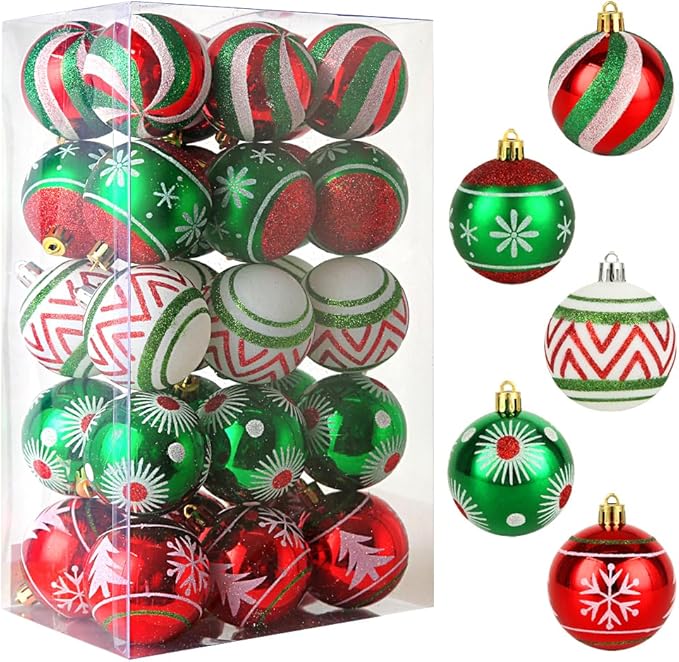 Christmas Ornaments Set, 30 pcs 2.36inch Red Green White Christmas Balls Ornaments for Christmas Tree Decorations Shatterproof Hanging Baubles Decoration for Xmas Thanksgiving Holiday Party Home Decor