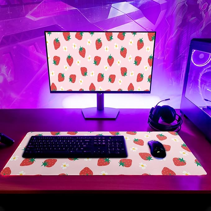 Gaming Mouse Pad Strawberry Desk Mat for Desktop Long Computer Keyboard Desk Pad Mouse Mat with Non-Slip Rubber Base Stitched Edges for Computer Home Office Gaming 31.5×11.8
