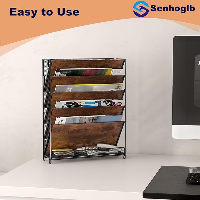 Metal Wall File Holder Organizer, 6-Tier Mesh Hanging Wall File Organizer, Magazine Rack with Trays, Wood Document Holder for Office Home, Brown