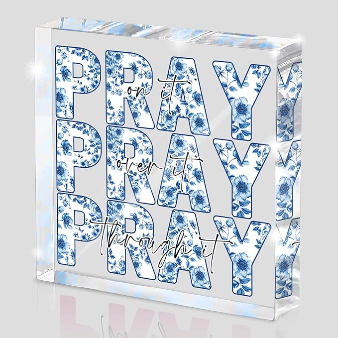 Blue and White Inspirational Decor, Desk Decorations for Office, Ideal Christian Gifts for Women - Pray On It,Pray Over It - Bible Verse Desk Art, Dorm Room Decor for Women,(Blue and White)