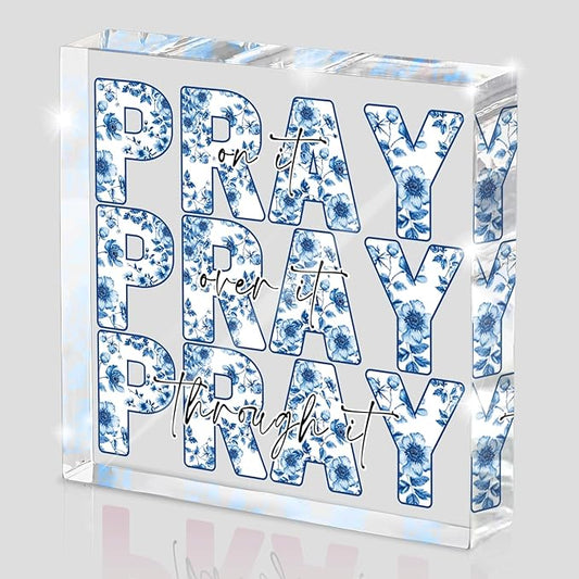 Blue and White Inspirational Decor, Desk Decorations for Office, Ideal Christian Gifts for Women - Pray On It,Pray Over It - Bible Verse Desk Art, Dorm Room Decor for Women,(Blue and White)