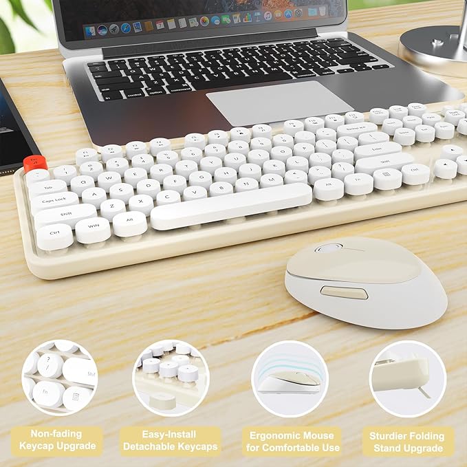 Wireless Keyboard and Mouse Combo, Ergonomic Full Size Typewriter Retro Round Keycaps Keyboard, Compatible with Windows, PC, Perfer for Home and Office Keyboards (Beige