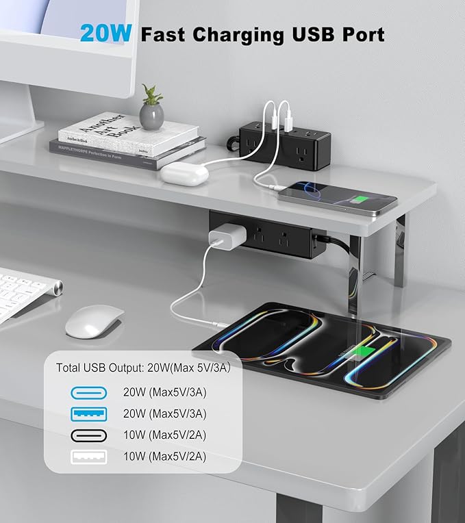 Dual Layer Desk Clamp Power Strip, Under Desk Power Strip with 4 USB Ports(2 USB-C) & 15 AC Outlets, Desk Mount Surge Protector, Ultra Thin Flat Plug & 10FT Power Cord for Office Home(ETL Listed)