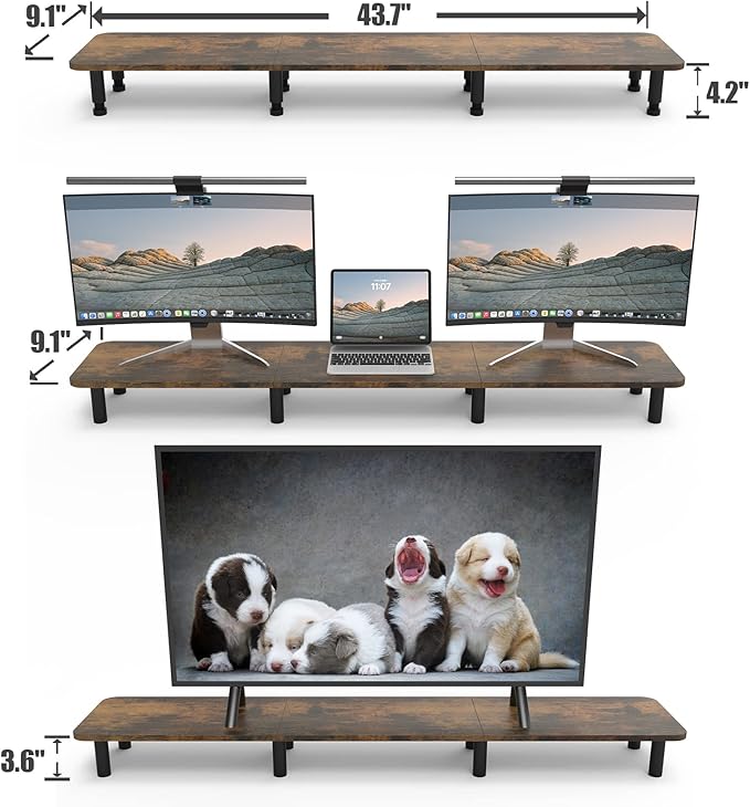 Dual Monitor Stand - 43.7 inch Extra Long Wide TV Stand - Wood & Steel Leg Desktop Riser - Desk Organization - Home Office (Vintage)