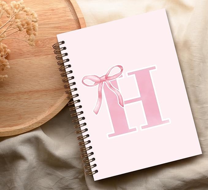 Coquette Trendy Preppy Pink Bow Spiral Notebook,Initial H Journal Personalized Teen Girl Gifts,Monogrammed Gifts for Women Teen Girl,College Ruled Hardcover Spiral Notebook 5.5 x 8.3