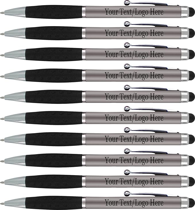 Personalized Pens With your Custom Logo or Text-600 Pack Bulk-for Businesses, Parties, and Events, 2 in 1 Ballpoint Pen & Stylus Compatible with Touchscreen Devices, Grey Barrel, Black Ink