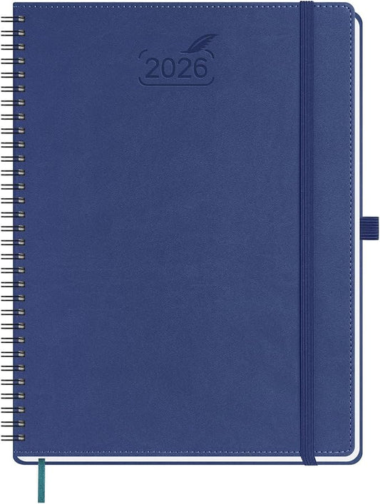 BEZEND 2026 Planner Weekly and Monthly (8.5" x 11" Spiral) Daily Calendar with Half-Hourly Timeslots & Tab (Jan-Dec) Note & Expenses, Pen Holder, Inner Pocket, Vegan Leather Softcover - Blueberry