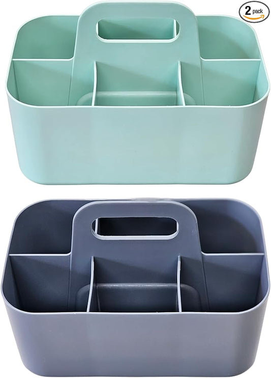 2 Pack Small 6 Compartment Multiuse Caddy Organizer with Handle Art Craft Supplies, Office, Desk, Stationery Pen Holder Stackable- Made In USA (Mint/Gray)