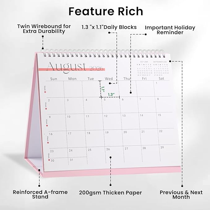 Desk Calendar 2025-2026,July 2025 to Dec 2026 18 Months Standing Flip Desk Calendar with Stickers,10" x 8" Desktop Calendar for Home Office School,Pink