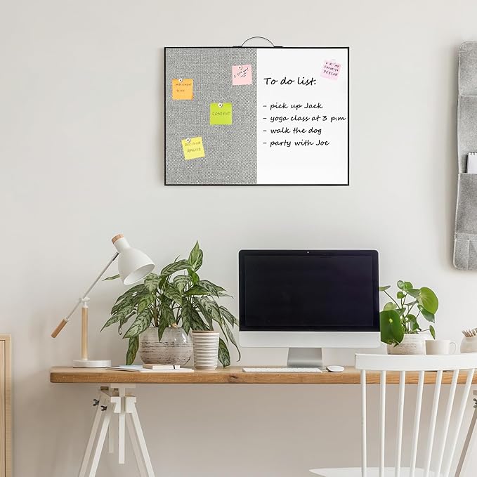 Small White Board Cork-Board Combo - 16 X 12 inches Gray Linen Board & Magnetic Dry Erase Board for Wall, Mini Bulletin Cork Board with Holder for Office, Home and School