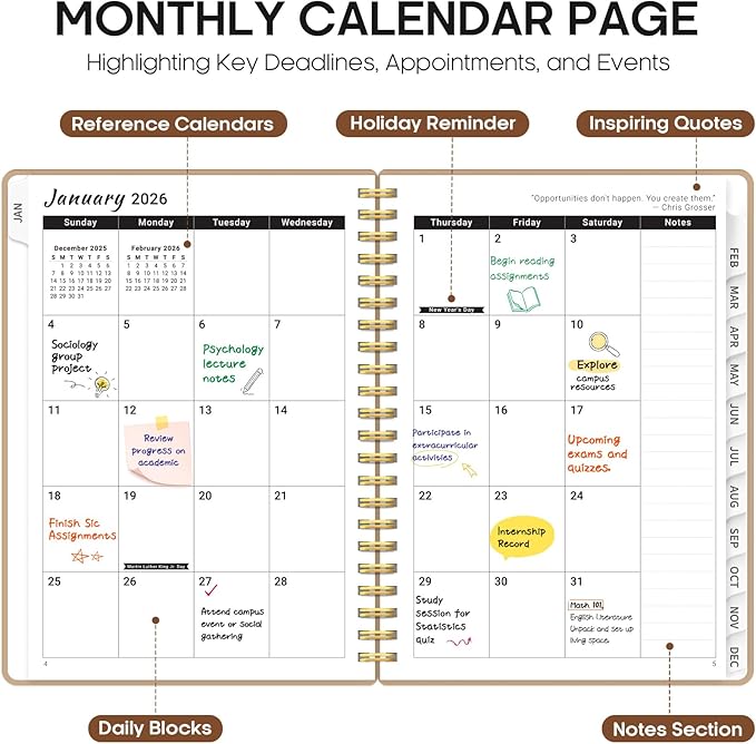 2026 Planner, Weekly and Monthly Calender Planner, Jan 2026 to Dec 2026, Hardcover 2026 Calendar Planner Book with Tabs & Inner Pocket, Office Home School Supplies for Women & Men - A5 (6.3" x 8.5"), Oat Brown