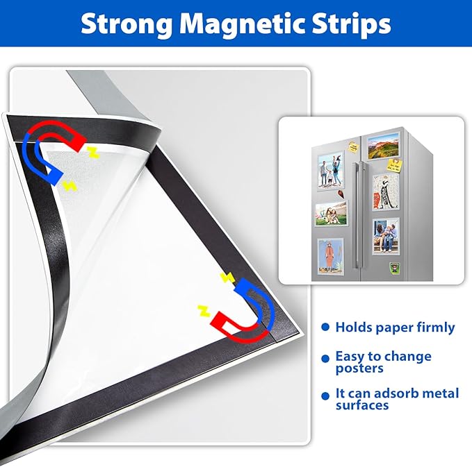 5Packs Magnetic Sign Holder 8.5 x 11, Self Adhesive Display Picture Frame with Magnetic Frame and Clear PVC for Office Store Home Door Window Refrige Magnetic Paper Holder, Silver
