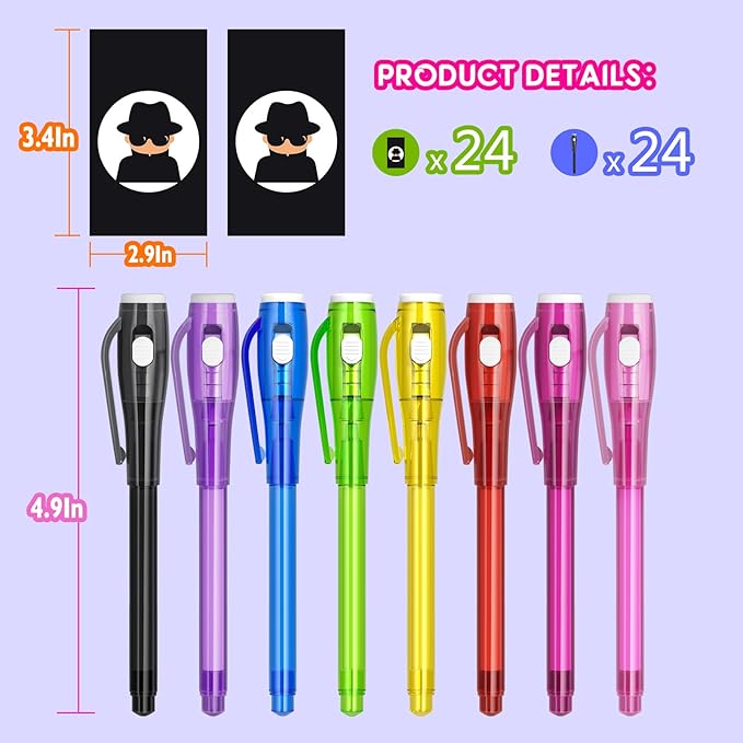 Invisible Ink Pen Spy Game for Kids, Party Favors Toys for Girls Boys, Magic Markers for Boys Girls Fun Outdoor Toys, Birthday for 6-13 Year Old Girls Boys (24PCS+Black Notebooks)