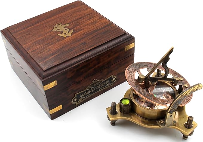 HanVintage Marine WEST London Antique 2.5" Brass Sundial Compass – Nautical Decor, Vintage Big Brass Triangle Sundial with Adjustable Screw Legs, Maritime Gift