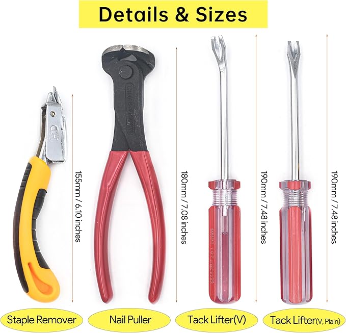 Upholstery Staple Remover Tack Puller Nail Remover Tools Set W End Cutting Pliers, Staple Puller, Tack Lifter, Fastener Remover, for Furniture Floor Wall Car Photo Frame, 4 in 1 Kit
